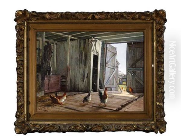 Chickens And Roosters In A Louisiana Barn Oil Painting by Achille Peretti