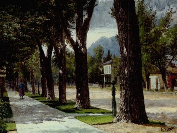 Tree Lined Street Oil Painting by Achille Peretti