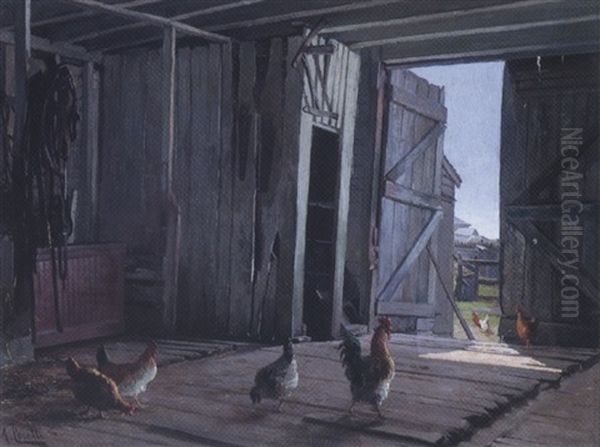 Rooster And Chickens In The Barn Oil Painting by Achille Peretti