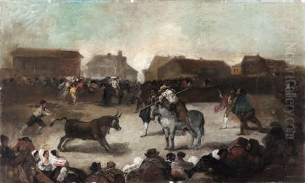 Corrida De Toros En El Pueblo Oil Painting by Antonio Perez Rubio