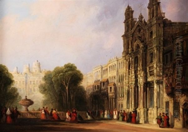 Alameda E Iglesia Del Carmen, Cadiz Oil Painting by Genaro Perez Villaamil