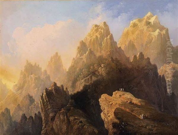 Romantische, Lichtdurchflutete Hochgebirgslandschaft Mit Personen Oil Painting by Genaro Perez Villaamil