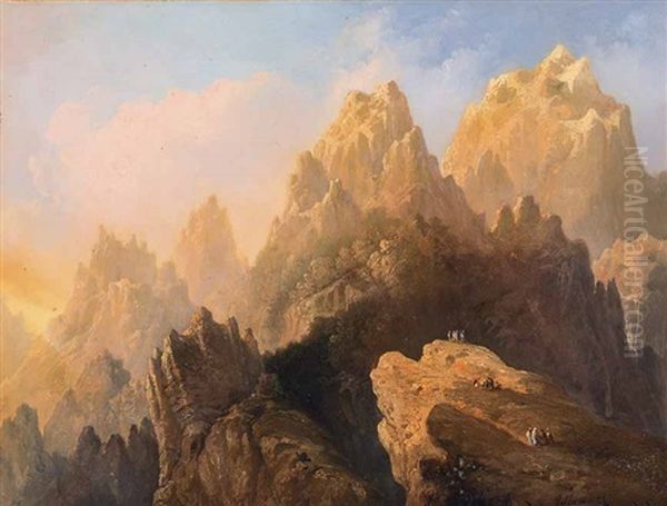 Romantische, Lichtdurchflutete Hochgebirgslandschaft Mit Personen Oil Painting by Genaro Perez Villaamil