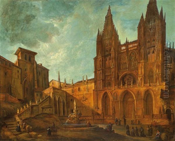 Fachada De La Catedral De Burgos Con La Fuente De Santa Maria Oil Painting by Genaro Perez Villaamil