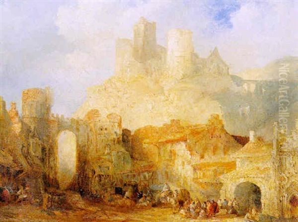 Vue De L'entree D'une Ville Dominee Par Une Forteresse En Ruine Oil Painting by Genaro Perez Villaamil