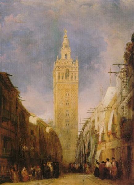 Vista De La Giralda Desde La Calle Borceguineria Oil Painting by Genaro Perez Villaamil