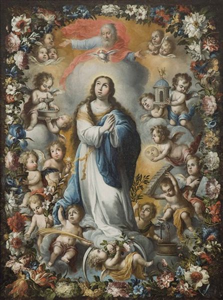 La Inmaculada Concepcion Redeada De Angeles Tenantes Con Los Simbolos Lauretanos En Orla De Flores Oil Painting by Andres Perez