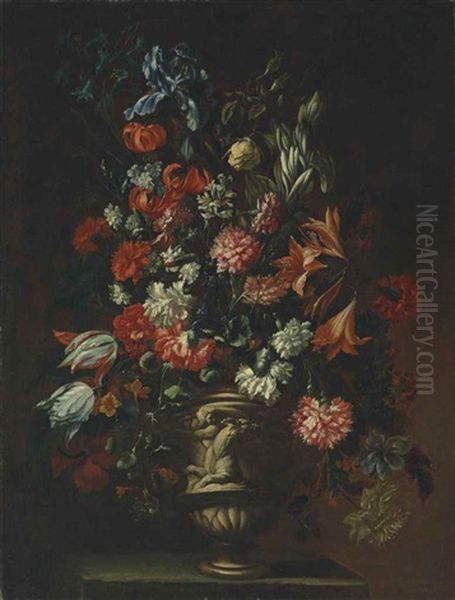 Carnations, Lilies, Tulips, Irises And Other Flowers In A Sculpted Vase On A Stone Plinth Oil Painting by Bartolome Perez