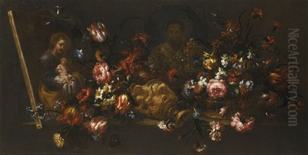 Still Life Of An Upturned Vase Of Flowers, With A Canvas Painting Showing Saint Joseph Holding The Christ Child, And Another Showing Saint Nicolas Of Bari Oil Painting by Bartolome Perez