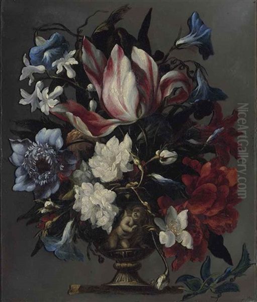 A Parrot Tulip, An African Marigold, Morning Glory, Hyacinths And Other Flowers In A Sculpted Urn, On A Ledge Oil Painting by Bartolome Perez