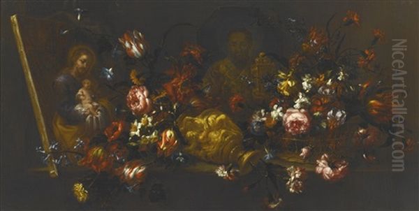 Still Life Of An Upturned Vase Of Flowers, With A Canvas Painting Showing Saint Joseph Holding The Christ Child, And Another Showing Saint Nicolas Of Bari Oil Painting by Bartolome Perez