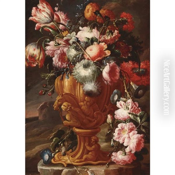 Tulips, Roses, Carnations And Other Flowers In A Baroque Vase On A Ledge Oil Painting by Bartolome Perez