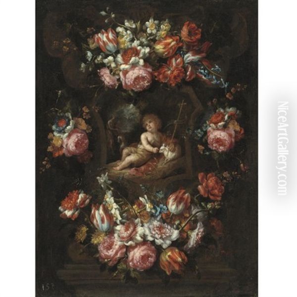 Cartouche With Tulips, Roses And Other Flowers And Saint John The Baptist Oil Painting by Bartolome Perez