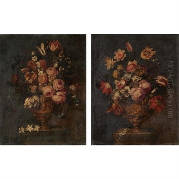 Still Lifes Of Various Flowers In Sculpted Urns, On Stone Plinths (pair) Oil Painting by Bartolome Perez