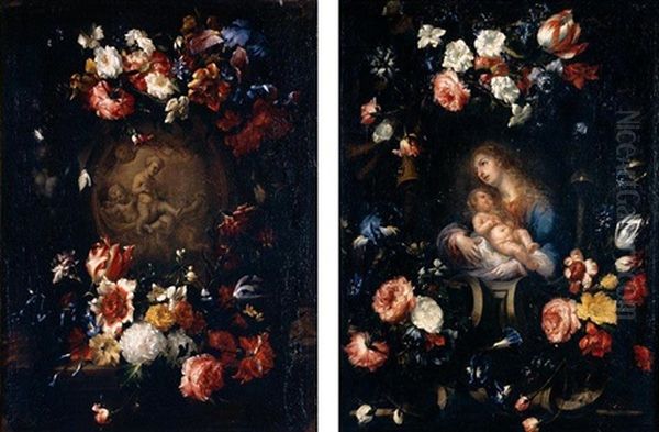 Still Life Of Roses, Tulips, Irises, Morning Glory, Chrysanthemums And Carnations Adorning A Stone Niche, With Insects Surrounding An Image Of The Virgin And Child (+ Still Life; Pair) Oil Painting by Bartolome Perez