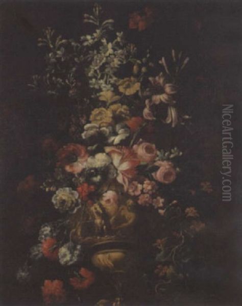 Floral Still Life In A Gold Urn Oil Painting by Bartolome Perez