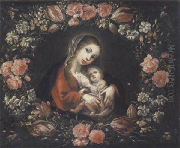 The Virgin And Child Surrounded By A Garland Of Flowers With Goldfinches Oil Painting by Bartolome Perez