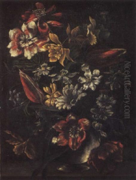 Carnations, Narcissi And Other Flowers In A Vase On A Ledge Oil Painting by Bartolome Perez