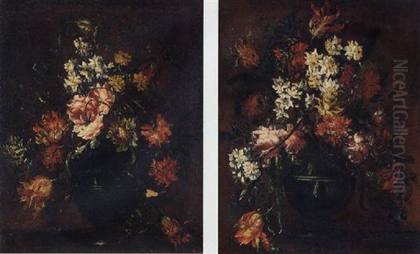 Roses, Tulips And Carnations In A Vase On A Table Oil Painting by Bartolome Perez