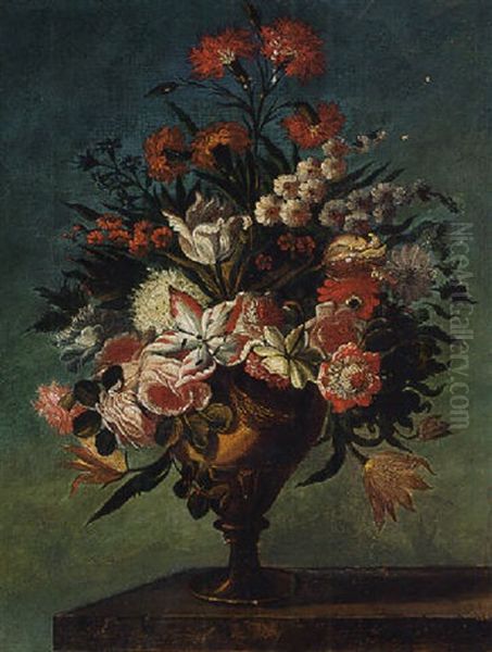 Carnations, Roses, Tulips, Bluebells And Other Flowers In An Urn On A Ledge Oil Painting by Bartolome Perez