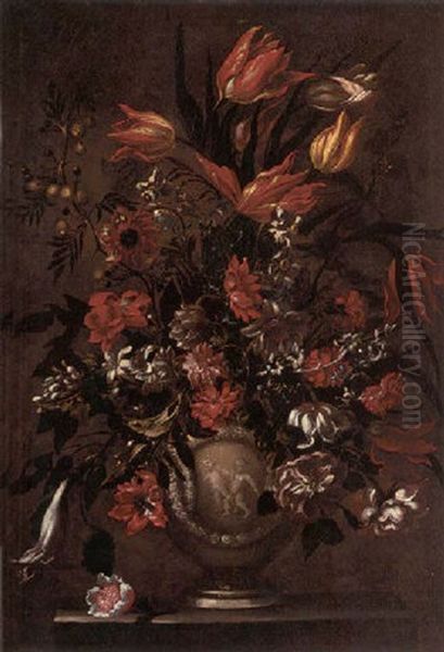 Tulip, Carnations, Narcissi, A Lily And Other Flowers In A Vase Decorated With Putti On A Ledge Oil Painting by Bartolome Perez