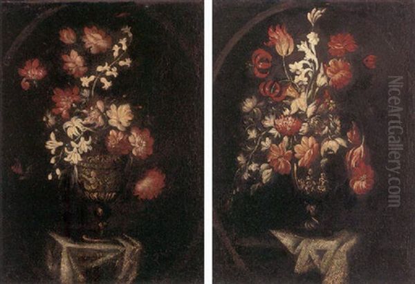 Carnations, Daffodils, Tulips, Irises And Other Flowers In A Sculpted Urn On A Draped Ledge Oil Painting by Bartolome Perez