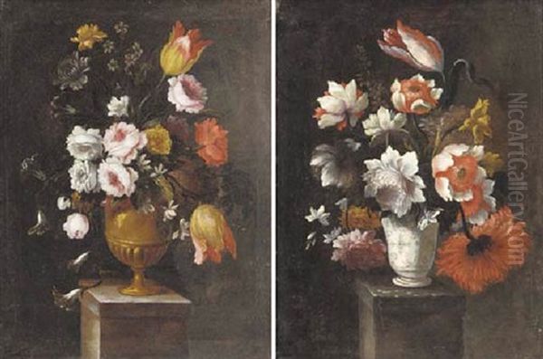 Tulips, Roses, Carnations, Morning Glory, Narcissi And Other Flowers On An Urn On A Plinth Oil Painting by Bartolome Perez