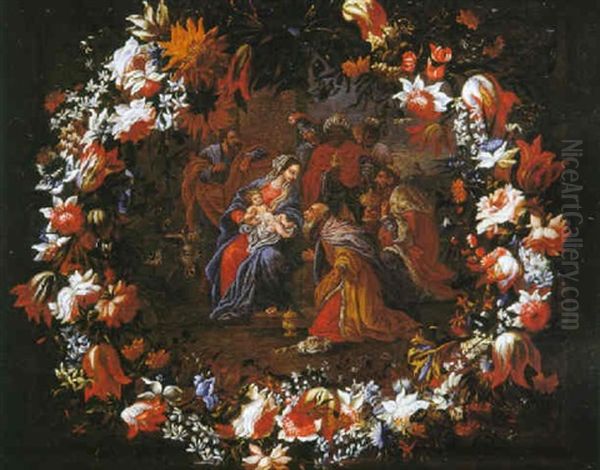 Guirnalda De Flores Con La Adoracion De Los Reyes Oil Painting by Bartolome Perez