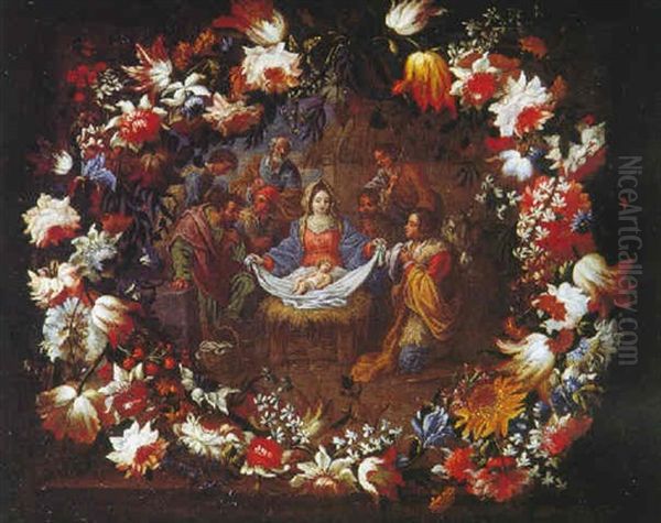 Guirnalda De Flores Con La Adoracion De Los Pastores Oil Painting by Bartolome Perez