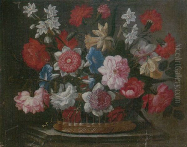 Still Life Of Various Flowers In A Wicker Basket, Upon A Stone Ledge Oil Painting by Bartolome Perez