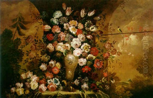 A Still Life With Roses, Tulips, Peonies And Other Flowers In A Ceramic Vase By A Colonnade With An Extensive Landscape Beyond Oil Painting by Bartolome Perez