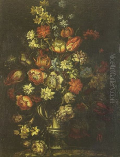 A Still Life With Roses, Tulips, Carnations And Other Flowers In An Urn Oil Painting by Bartolome Perez