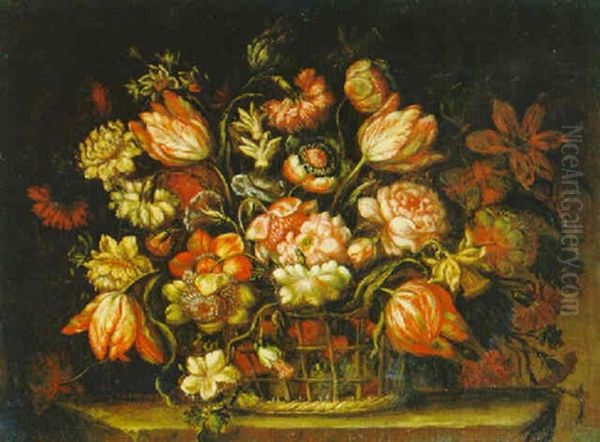 Blumenstraus Von Tulpen, Rosen, Nelken Und Anderen Blumen In Einem Korb Oil Painting by Bartolome Perez