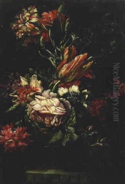 Tulips, Carnations And Roses In A Vase On A Ledge Oil Painting by Bartolome Perez