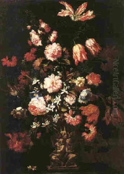 Still Life Of Flowers In A Stone Vase Upon A Ledge Oil Painting by Bartolome Perez