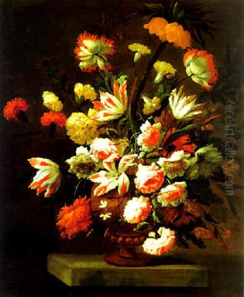 Groses Dekoratives Blumenstilleben Von Nelken, Pfingstrosen Und Konigskerze Oil Painting by Bartolome Perez