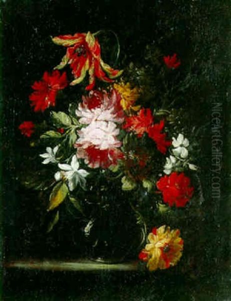 Flowers In A Glass Vase On A Ledge Oil Painting by Bartolome Perez