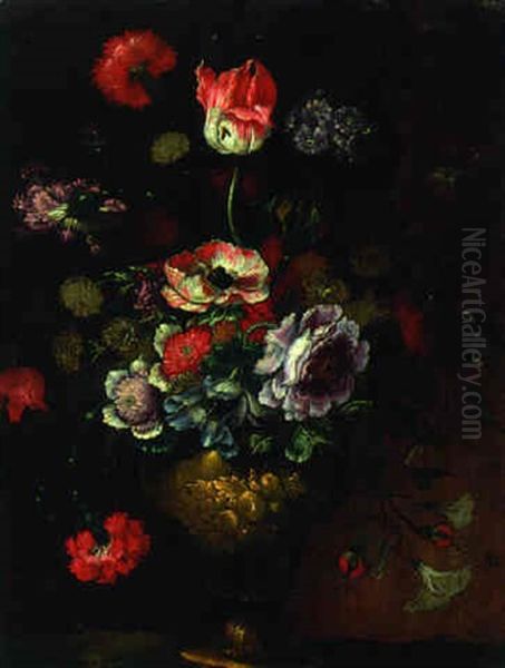 A Rose, Tulips, Carnations And Other Flowers In A Bronze Urn On A Rock Oil Painting by Bartolome Perez