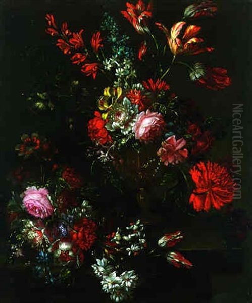 Tulips, Roses, Carnations And Other Flowers In A Vase On A Ledge Oil Painting by Bartolome Perez