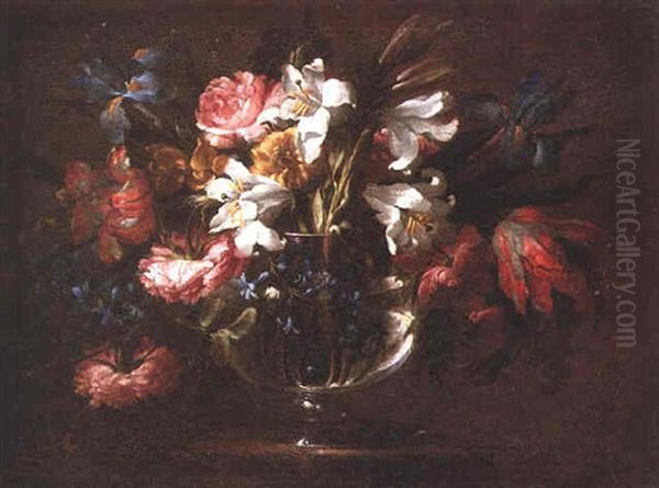 A Still Life Of Roses, Lilies, Bluebells And Tulips In A Glass Bowl On A Stone Ledge by Bartolome Perez