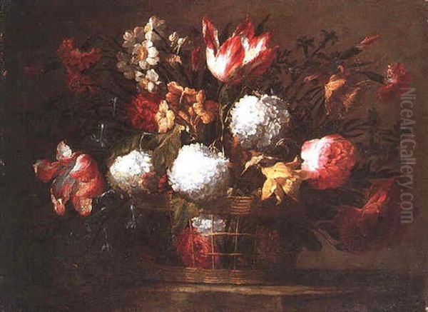 A Still Life Of Tulips, Daffodils, Narcissi, Carnations, Roses And Bluebells In A Wicker Basket On A Stone Ledge Oil Painting by Bartolome Perez