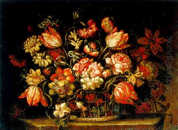 Blumenstraus Von Tulpen, Rosen, Nelken Und Anderen Blumen In Einem Korb Oil Painting by Bartolome Perez