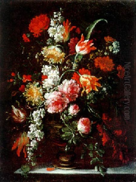 Blumenstraus In Einer Bronzevase Auf Einem Steintisch Oil Painting by Bartolome Perez