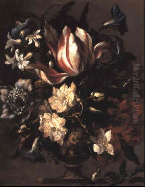 A Tulip And Other Flowers In A Sculpted Urn On A Pedestal Oil Painting by Bartolome Perez