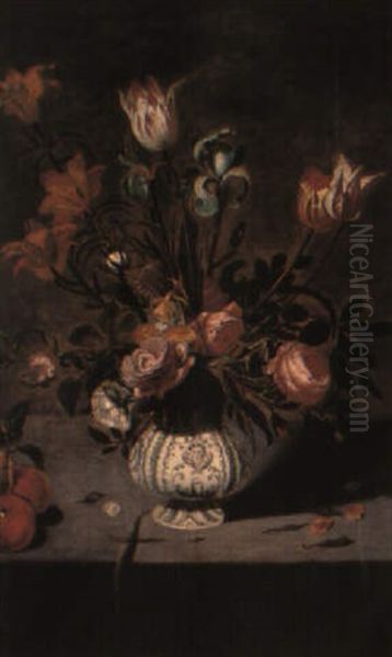 Flowers In Porcelain Vase With Fruit On A Ledge Oil Painting by Bartolome Perez