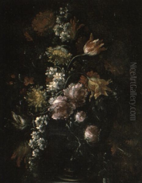 Peonies And Other Flowers In An Urn On A Ledge Oil Painting by Bartolome Perez