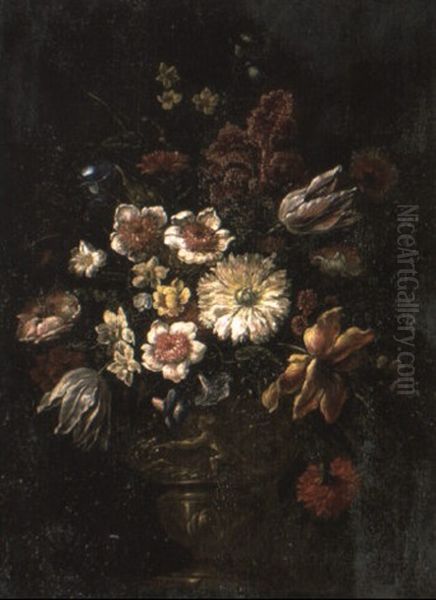 Flowers In A Sculpted Urn On A Pedestal Oil Painting by Bartolome Perez