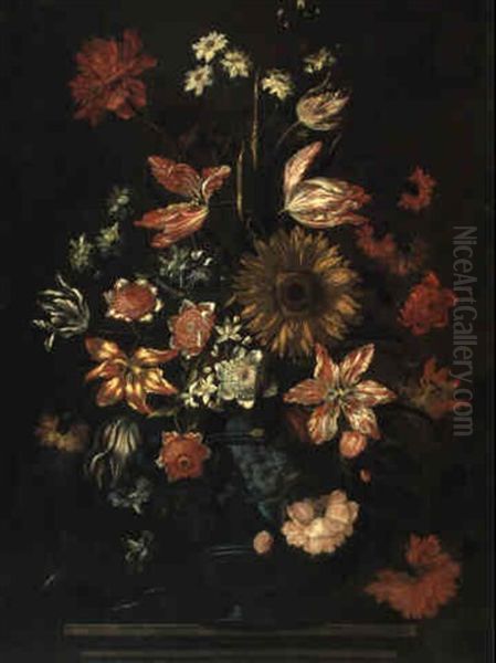 Groser Dekorativer Blumenstraus In Blau Glasierter Tonvase Oil Painting by Bartolome Perez