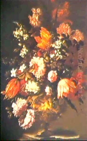 Still-lifes With Flowers In Gilt Vases On A Stone Ledge (2) Oil Painting by Bartolome Perez