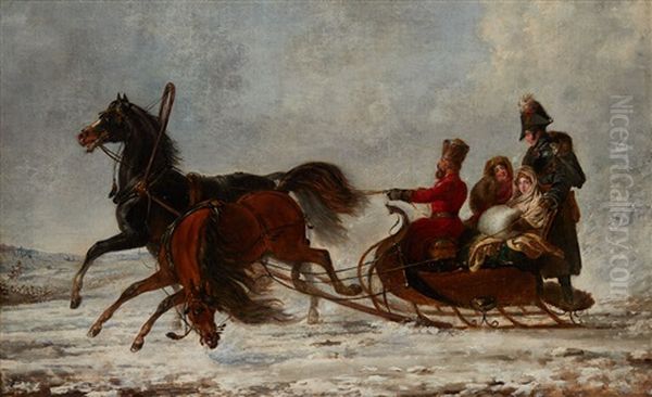 Empreror Nicolas I, Empress Alexandra Fedorovna And Empress Maria Fedorovna Horse Sledging In Winter. 1829 Oil Painting by Sigmund Ferdinand Perger